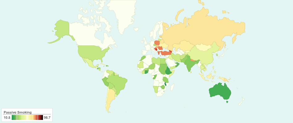 Percentage of Youth Exposed to Passive Smoking around the World