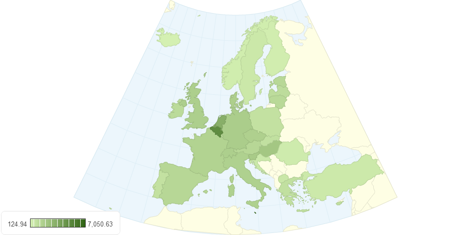 Πυκνότητα συνολικού οδικού δικτύου σε σχέση με την έκταση, Ευρώπη, 2008/Density of Total Road Network in Relation to the Area of the Country, Europe, 2008