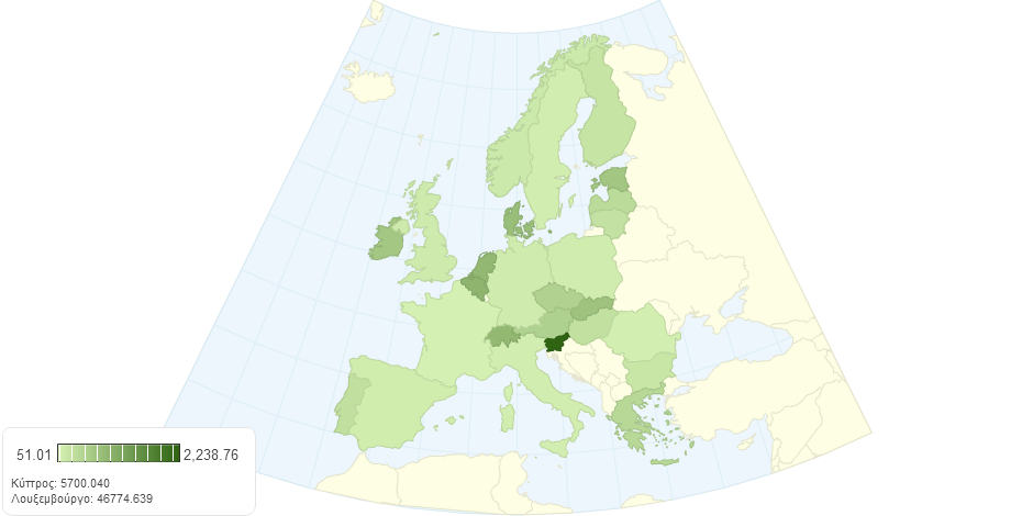 Μεταφορά αγαθών οδικώς σε σχέση με πληθυσμό και έκταση, Ευρώπη, 2008/ Transport of goods by road related to the population and the area of the country, Europe, 2008