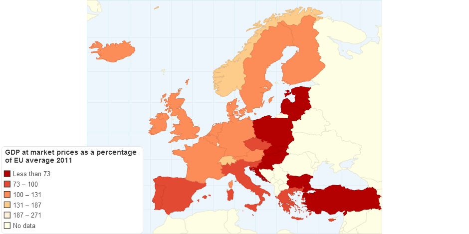 GDP at market prices as a percentage of the EU average (2011)