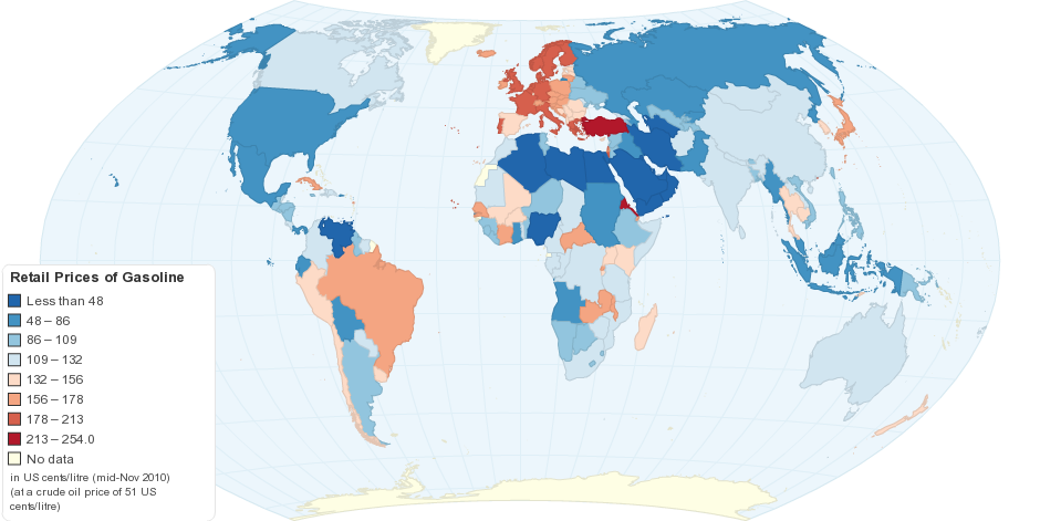 Worldwide Retail Prices of Gasoline (US cents per litre)