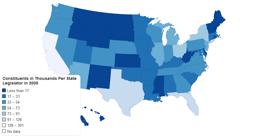 Constituents in Thousands Per State Legislator in 2005