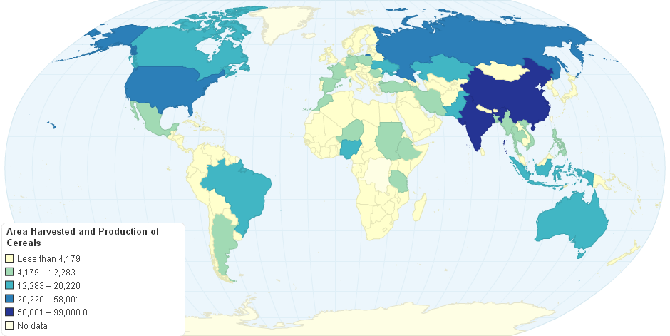 Area harvested and production of cereals 2009