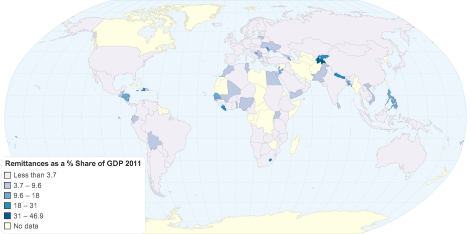 Remittances As a Percentage Share of GDP (2011)