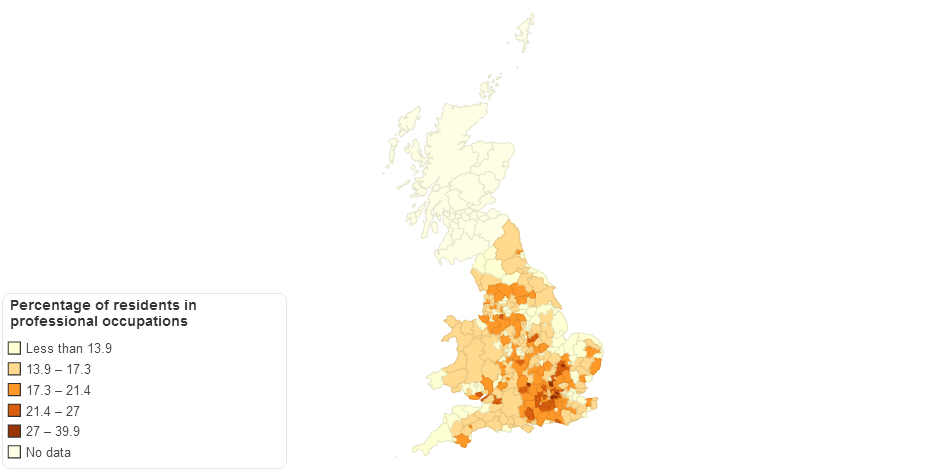 Percentage of Residents in Professional Occupations by Local Authority