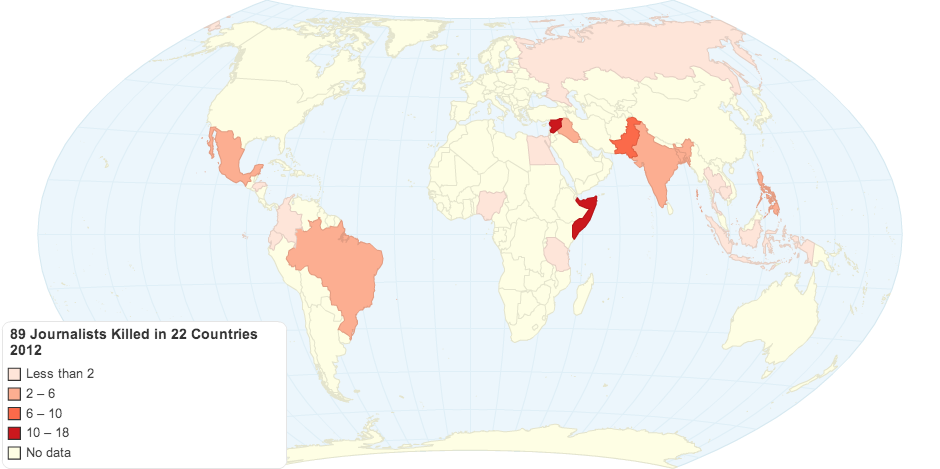 89 Journalists Killed in 22 Countries 2012