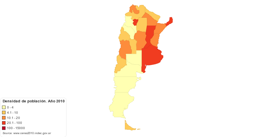 República Argentina por provincia. Densidad de población. Año 2010