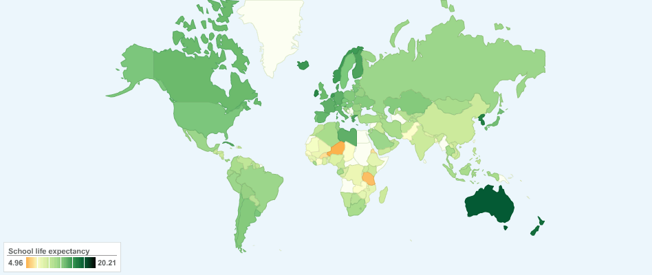 School Life Expectancy, Primary to Tertiary around the World - Male