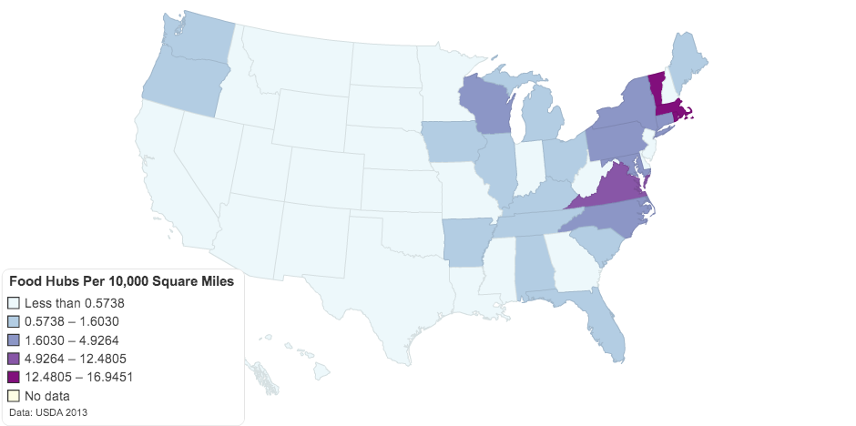 Food Hubs Per 10,000 Square Miles