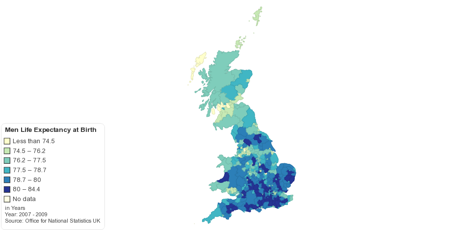 Men - Life Expectancy at Birth by UK Local Authority