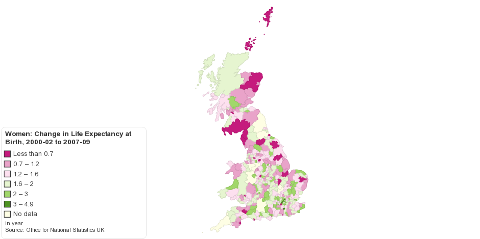 Women: Change in Life Expectancy at Birth by UK Local Authority, 2000-02 to 2007-09
