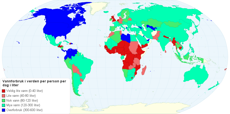 Vannforbruk i verden per person per dag i liter