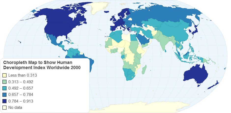 Choropleth Map to Show Human Development Index Worldwide 2000