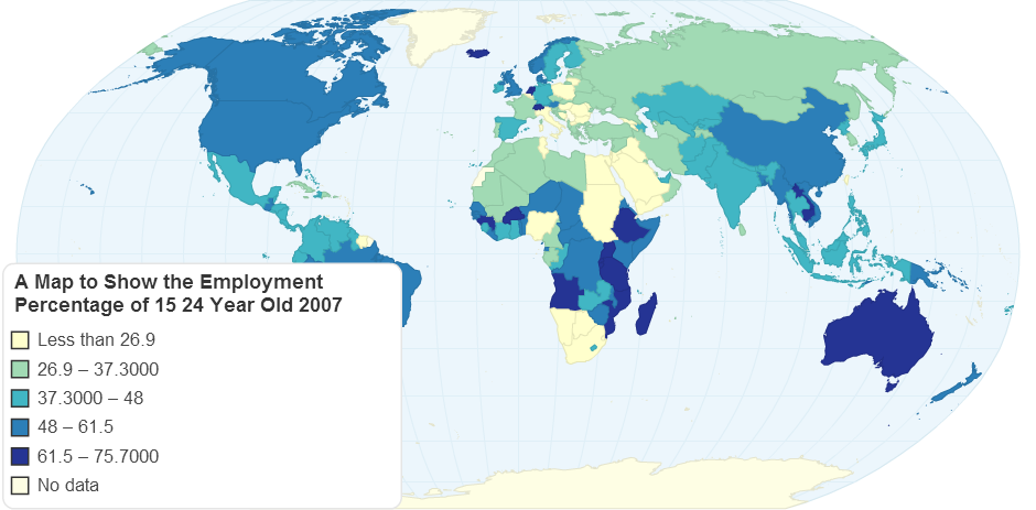 A Map to Show the Employment Percentage of 15 24 Year Old 2007