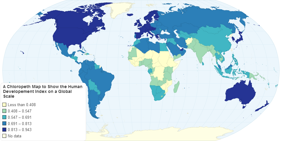 A Chloropeth Map to Show the Human Developement Index on a Global Scale