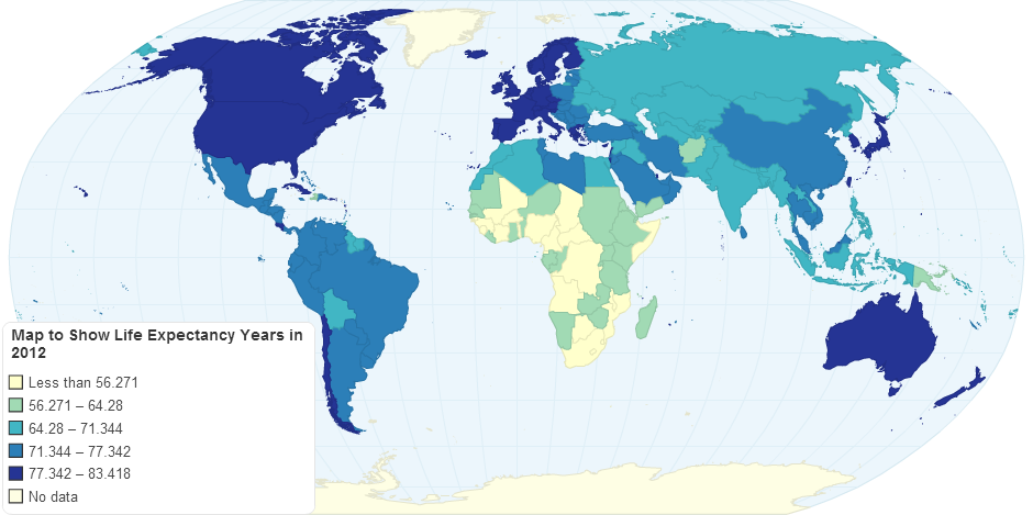 Map to Show Life Expectancy (Years) in 2012