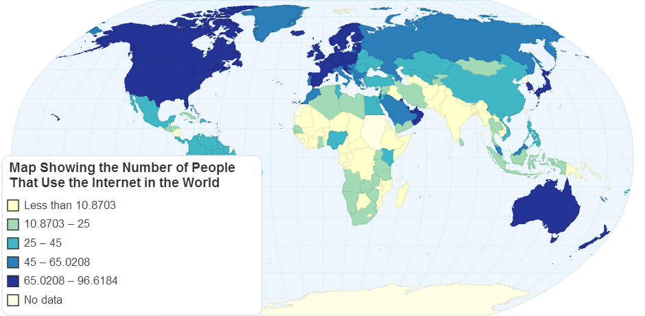 Map Showing the Number of People That Use the Internet in the World(per 100 people).