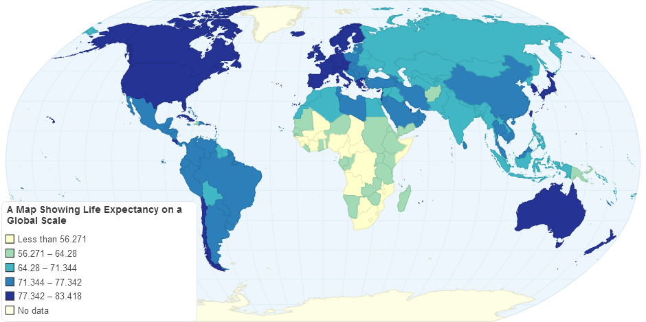 A map showing life expectancy on a global scale