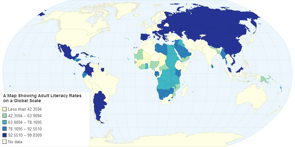 A Map showing adult literacy rates on a global scale