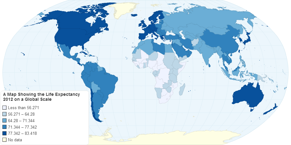 A Map Showing the Life Expectancy (2012) on a Global Scale