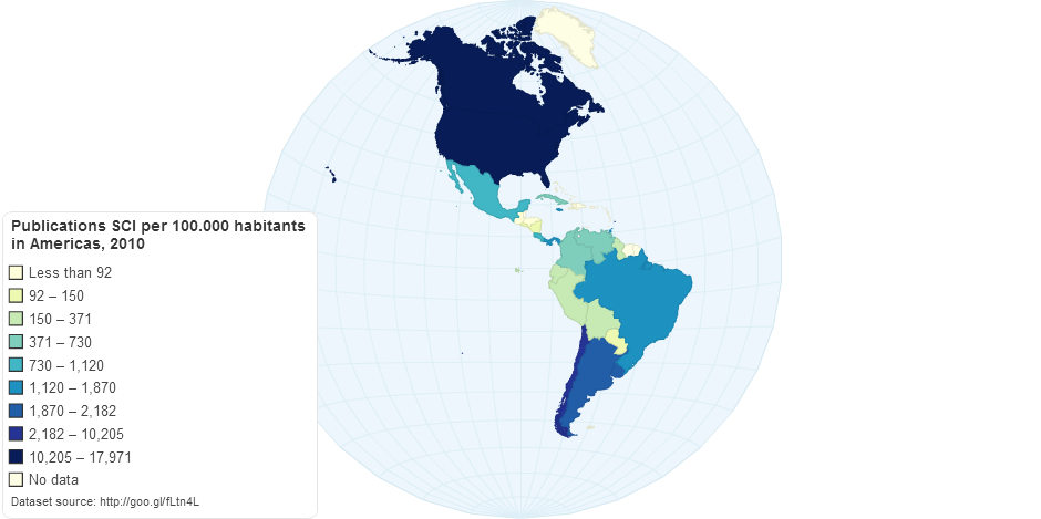 Research papers per 100,000 inhabitants Americas, 2010