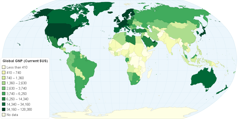 World Map for GNI Per Capita in 2005 Current $US
