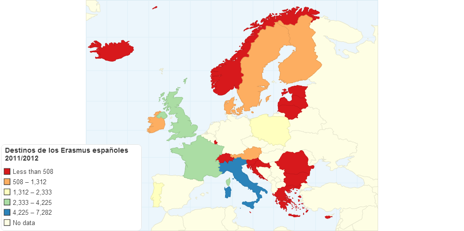 Destinos de los Erasmus españoles 2011/2012