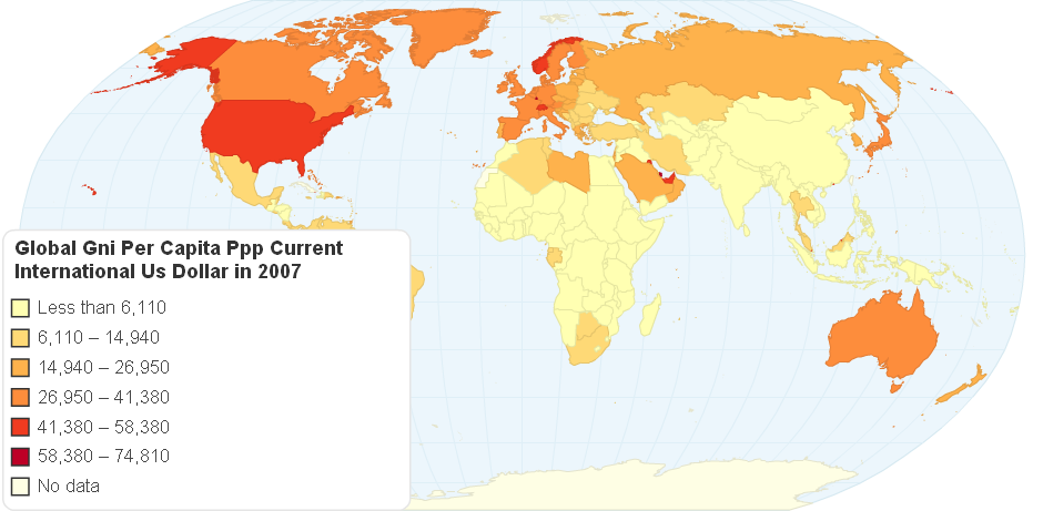 Global GNI Per Capita, PPP (Current International US dollar) in 2007