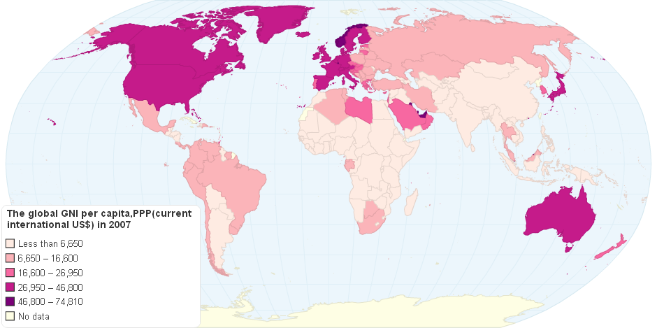 The global GNI per capita,PPP(current international US$) in 2007