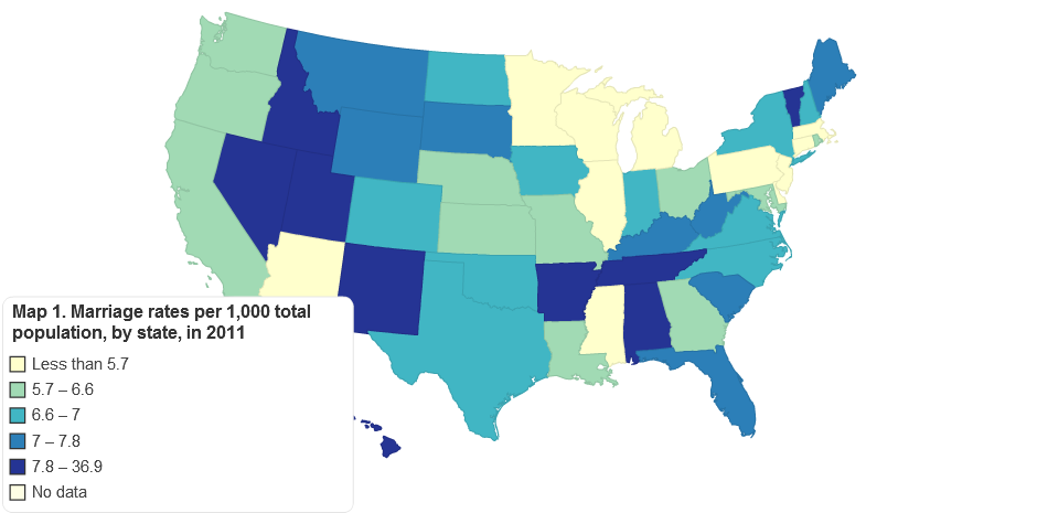 divorce rates by state map Map 1 Marriage And Divorce Rates By State In 2011 Per 1 000 divorce rates by state map