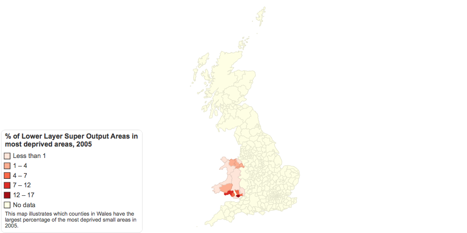 Deprived areas in Wales 2005. Stats: Welsh Government