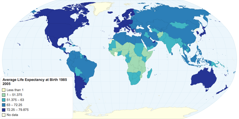 ECON 322: Average Life Expectancy at Birth (1985-2005)