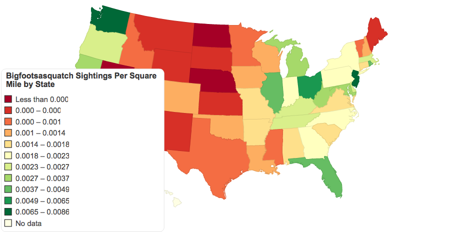 Bigfoot Sightings Per Square Mile by State