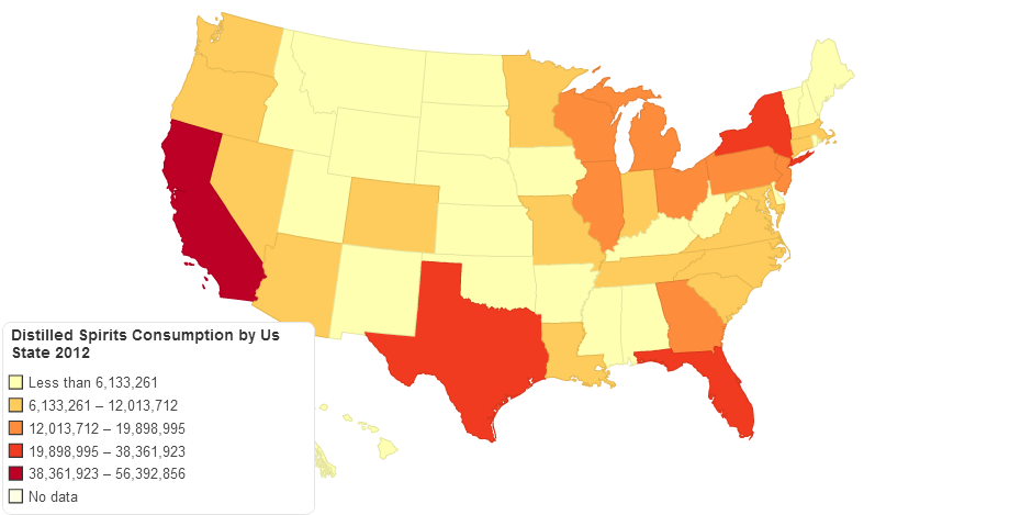 Distilled Spirits Consumption by Us State 2012