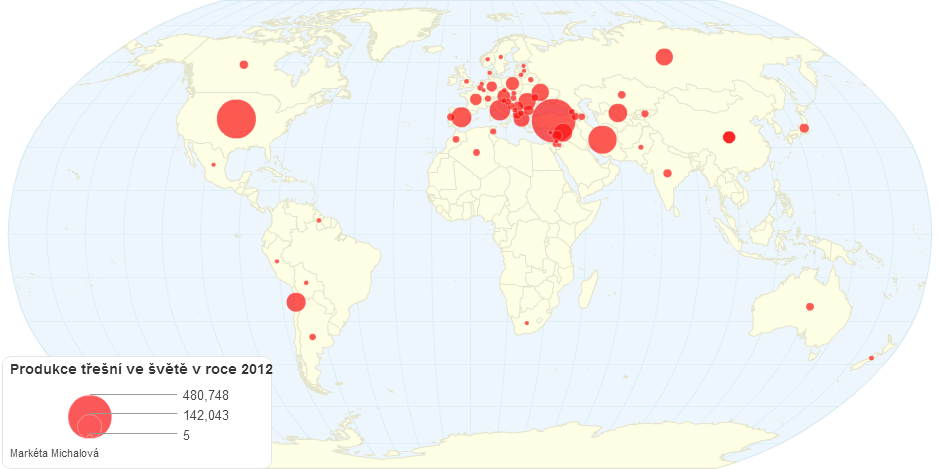 Produkce třešní ve švětě v roce 2012