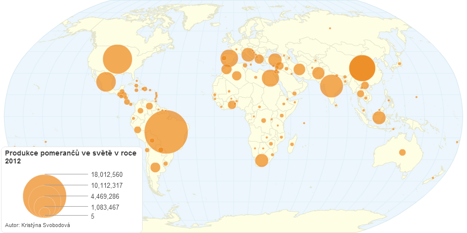 Produkce pomarančů ve světě v roce 2012