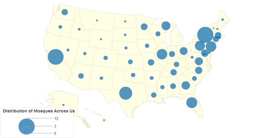 Distribution of Mosques Across Us