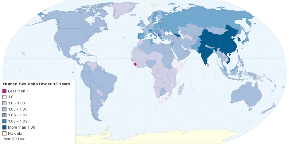 Worldwide Human Sex Ratio Under 15 Years