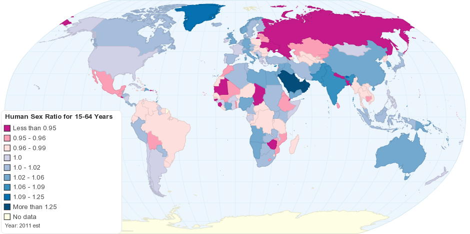 Worldwide Human Sex Ratio for 15-64 Years