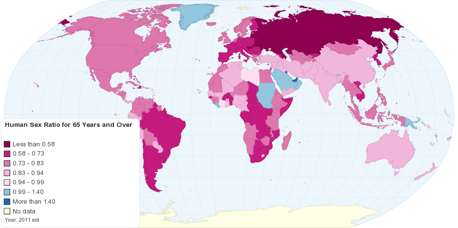 Worldwide Human Sex Ratio for 65 Years and Over