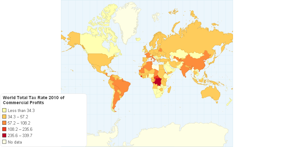 World Total Tax Rate 2010 of Commercial Profits