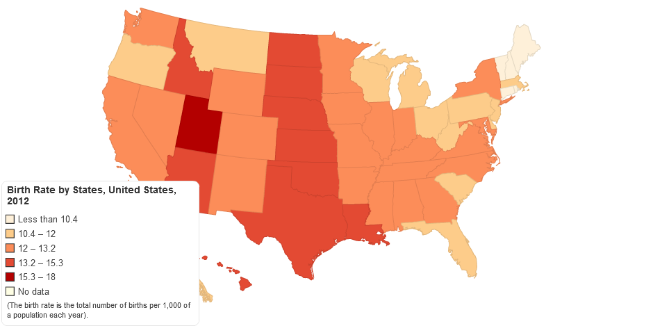 Map 1. Number of births and birth rate by states, United States, 2012