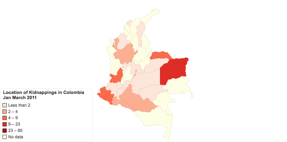 Location of Kidnappings in Colombia Jan March 2011