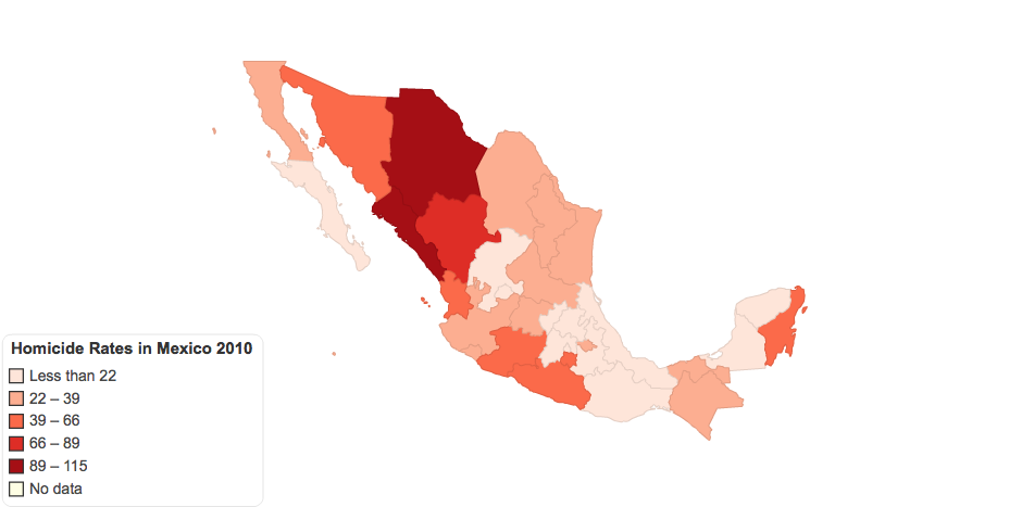 Homicide Rates per 100,000 in Mexico 2010