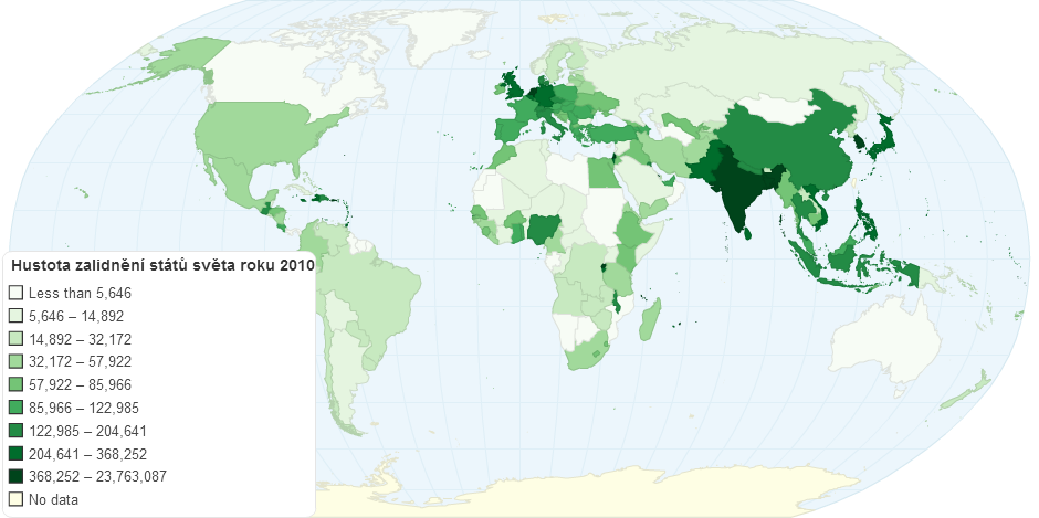 Hustota zalidnění státu světa roku 2010