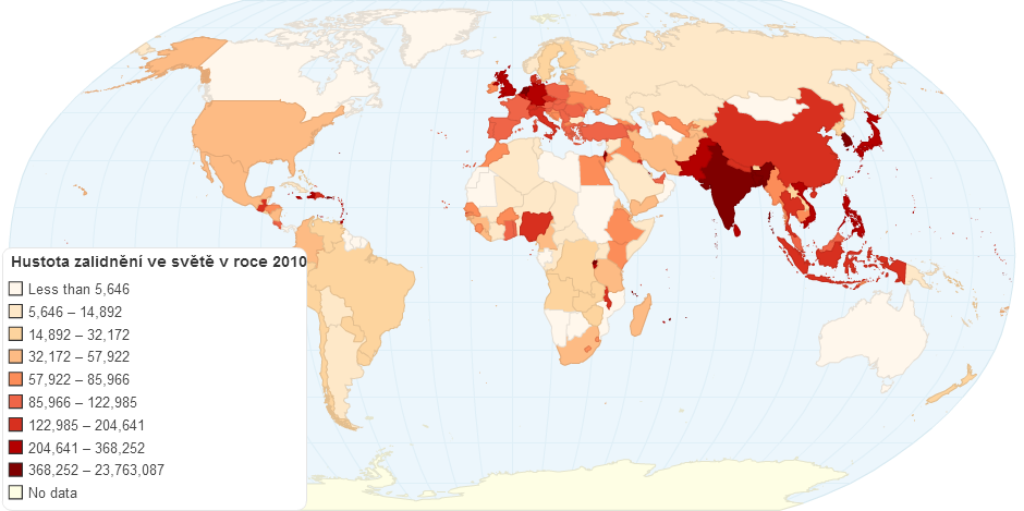 Hustota zalidnění ve světě za rok 2010