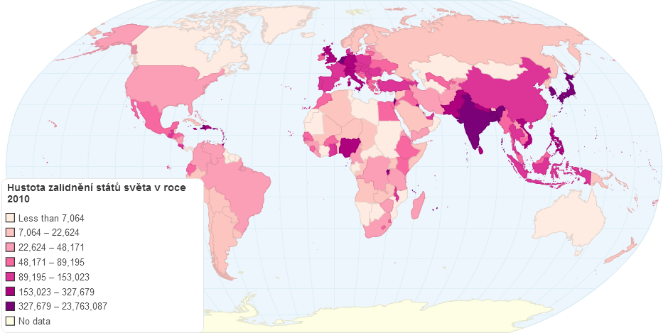 Hustota zalidnění států v roce 2010