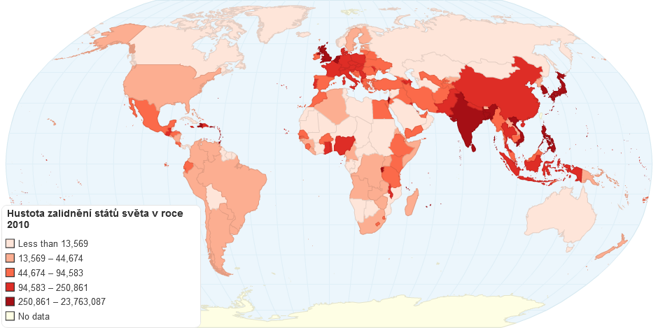 Hustota zalidnění států světa v roce 2010