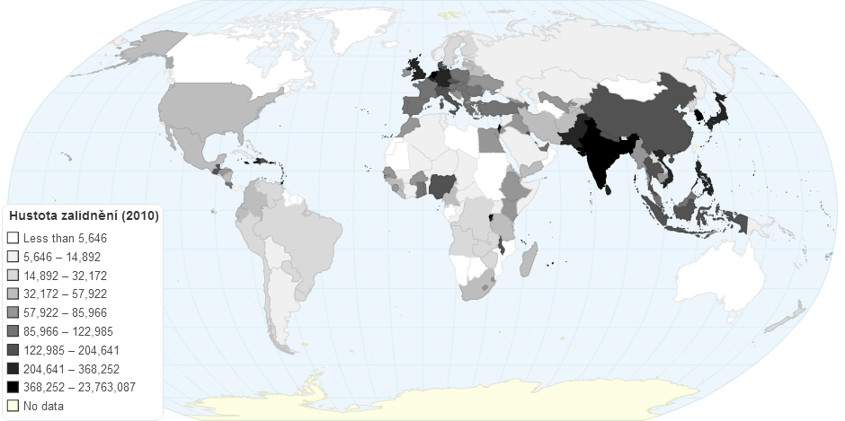 Hustota zalidnění států světa v roce 2010