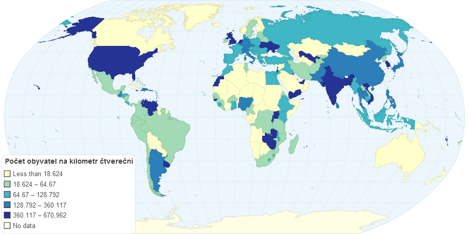 Hustota zalidnění - svět 2010